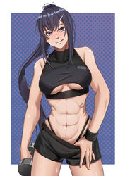  abs absurdres bare_shoulders breasts cowboy_shot crop_top dumbbell fax61209 female grey_eyes hair_between_eyes hair_ornament hairclip highres holding lanmei large_breasts long_hair looking_at_viewer muscular muscular_female navel obliques original ponytail shorts simple_background sleeveless solo standing sweat tongue underboob very_long_hair wristband 