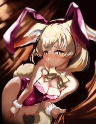  absurdres almondrake animal_ear_fluff animal_ears bad_id bad_pixiv_id blush bow bowtie breasts cleavage detached_collar extra_ears fake_animal_ears female fennec_(kemono_friends) fox_ears fox_girl fox_tail hair_between_eyes highres kemono_friends leotard looking_at_viewer medium_breasts medium_hair playboy_bunny rabbit_ears solo strapless strapless_leotard tail wavy_mouth wrist_cuffs 