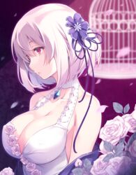  azur_lane birdcage blue_gemstone breasts cage cleavage commentary_request dress female flower flower-trimmed_dress flower_trim gem hair_flower hair_ornament halter_dress halterneck itoichi. large_breasts looking_away official_alternate_costume petals profile red_eyes rose rose_petals short_hair sirius_(azur_lane) sirius_(white_rose)_(azur_lane) solo white_dress white_flower white_hair white_rose 