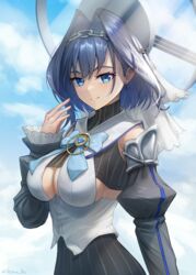  :d blue_bow blue_bowtie blue_sky blush bow bowtie breasts chain_headband chains cleavage cloud cloud_background cloudy_sky crop_top detached_sleeves female hair_intakes halo headband highres hololive hololive_english large_breasts long_hair looking_at_viewer mechanical_halo ouro_kronii sideboob sky smile stormstx striped sunlight turtleneck virtual_youtuber zipper 