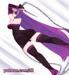  arched_back armpits arms_behind_head arms_up ass black_dress breasts chains collar commentary covered_eyes detached_sleeves dress dutch_angle eyepatch facial_mark facing_back facing_viewer fate/stay_night fate_(series) female forehead_mark from_behind large_breasts legs_apart long_hair medusa_(fate) medusa_(rider)_(fate) parted_lips purple_hair rtil solo strapless strapless_dress thighhighs very_long_hair weapon zettai_ryouiki 