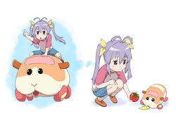  antenna_hair brown_eyes crossover female full_body hair_ribbon highres lettuce long_hair looking_at_viewer miyauchi_renge molcar non_non_biyori open_mouth potato_(pui_pui_molcar) pui_pui_molcar purple_hair ribbon riding tomato triangle_mouth twintails ueyama_michirou white_background yellow_ribbon yurie_mouth 