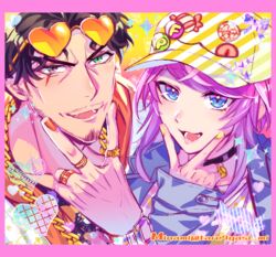  2boys amayado_rei amemura_ramuda black_hair blue_eyes choker facial_hair heart heart-shaped_eyewear heterochromia hypnosis_mic jacket jewelry male_focus multiple_boys nail_polish open_mouth pink_hair ring scar scar_across_eye short_hair sidelocks tare7gasi_mi watch 