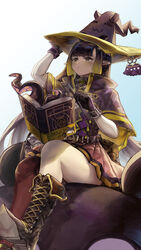  absurdres adjusting_clothes adjusting_headwear alternate_costume ao-chan_(ninomae_ina&#039;nis) black_eyes black_gloves blue_sky blunt_bangs blush book boots capelet character_hat character_hat_ornament commentary cross-laced_footwear day female gloves gradient_hair hat highres hololive hololive_english knee_boots long_hair looking_at_viewer looking_down multicolored_hair nib_pen_(object) ninomae_ina&#039;nis open_book orange_hair pen pointy_ears purple_hair red_legwear sidelocks single_thighhigh sitting sky takodachi_(ninomae_ina&#039;nis) tentacle tentacle_hair thighhighs translated very_long_hair virtual_youtuber vyragami witch_hat 