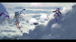  2girls ^_^ absurdres black_sweater blue_eyes blue_hair closed_eyes dragon dragon_girl dragon_tail elira_pendora elira_pendora_(1st_costume) ember_(selen_tatsuki) english_commentary flying gloves grey_gloves grey_overalls hair_over_one_eye head_wings highres laughing letterboxed low_wings multiple_girls nijisanji nijisanji_en off_shoulder one_eye_covered overall_shorts overalls pants pikl_(elira_pendora) purple_hair purple_pants scenery selen_tatsuki selen_tatsuki_(1st_costume) siblings single_glove sisters sweater tail toren_2p2t virtual_youtuber white_sweater wings 