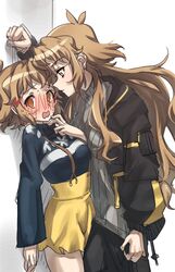  2girls aged_up blush breasts brown_eyes brown_hair dual_persona hair_ornament highres kabedon large_breasts long_hair medium_breasts multiple_girls orange_eyes selfcest senki_zesshou_symphogear senki_zesshou_symphogear_xd_unlimited short_hair tachibana_hibiki_(symphogear) tachibana_hibiki_(symphogear)_(another) very_long_hair yukitsuba_hina yuri 