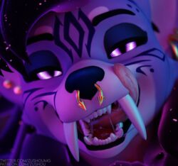  3d_(artwork) absurd_res alber anthro barbell_piercing bedroom_eyes bodily_fluids circular_barbell_piercing close-up cosmic_hair digital_media_(artwork) ear_piercing ethereal_hair facial_piercing fangs female fur half-closed_eyes hi_res hyena hyenid_(alber) jewelry licking licking_mouth looking_at_viewer mammal mouth_shot narrowed_eyes nose_piercing nose_ring open_mouth piercing purple_body purple_eyes purple_fur ring_piercing sabertooth_(anatomy) saliva saliva_on_tongue saliva_string seductive septum_circular_barbell septum_piercing stripes teeth tongue tongue_out zushou zushou_(character) 