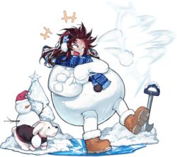  +++ :d ares_(ark_order) ark_order black_hair blue_scarf boots brown_footwear canine christmas_tree colored_skin crack facial_mark female forehead_mark full_body grey_skin ice kzhu long_hair official_alternate_costume official_art scarf sharp_teeth sidelocks smile snow snowball snowball_fight snowman snowman_costume solo tachi-e teeth transparent_background 