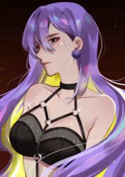  absurdres aztree black_bra blonde_hair bra breasts collarbone colored_inner_hair commentary cosplay earrings english_commentary evelynn_(league_of_legends) evelynn_(league_of_legends)_(cosplay) female hair_behind_ear highres hololive hololive_indonesia jewelry k/da_(league_of_legends) k/da_all_out_evelynn league_of_legends long_hair looking_at_viewer medium_breasts moona_hoshinova multicolored_hair nose o-ring purple_eyes purple_hair shiny solo underwear upper_body variant_set virtual_youtuber 