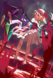  absurdres ascot between_legs blonde_hair blood blood_drip blood_splatter blush commentary_request crystal dress fangs female flandre_scarlet frilled_sleeves frills full_body hair_ribbon hand_between_legs hat hat_ribbon highres iranon_(new_iranon) kneepits laevatein_(touhou) looking_at_viewer looking_back mary_janes no_headwear one_side_up open_mouth pool_of_blood puffy_short_sleeves puffy_sleeves rainbow_order red_dress red_eyes red_ribbon red_skirt ribbon shoes short_hair_with_long_locks short_sleeves skirt socks solo sparkle standing sunken_fossil_world thighs touhou v-shaped_eyebrows white_hat white_socks wings yellow_ascot 