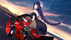  absurdres ass bare_shoulders black_pantyhose blurry braid cloud depth_of_field dress driving female flower frilled_sleeves frills genshin_impact hair_flower hair_ornament highres looking_at_viewer motor_vehicle motorcycle night night_sky no_shoes outdoors pantyhose purple_dress purple_eyes purple_hair raiden_shogun road sky soles solo star_(sky) starry_sky sunset yizhibao 