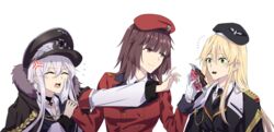  3girls absurdres beret black_choker black_headwear black_jacket black_necktie blonde_hair breasts brown_eyes brown_hair chocolate choker closed_eyes closed_mouth cross cross_necklace eating female_commander_(girls&#039;_frontline) food fur-trimmed_jacket fur_trim girls&#039;_frontline gloves green_eyes grey_hair griffin_&amp;_kryuger_military_uniform hand_grab hand_on_hand hand_on_own_face happy_valentine hat highres holding holding_chocolate holding_food jacket jewelry kar98k_(girls&#039;_frontline) long_hair looking_at_another military military_hat military_jacket military_uniform multiple_girls necklace necktie open_mouth red_headwear red_jacket revision shirt smile stg44_(girls&#039;_frontline) stg44_(mod3)_(girls&#039;_frontline) suprii uniform valentine white_background white_gloves white_shirt 