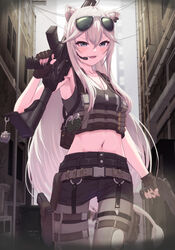  :d animal_ears black_nails bowsan buckle cowboy_shot dog_tags explosive eyewear_on_head female fingerless_gloves gloves grenade grey_eyes grey_pantyhose gun headset highres hololive holster holstered lion_ears lion_girl lion_tail long_hair looking_at_viewer nail_polish navel oerba_yun_fang official_alternate_costume official_alternate_hairstyle outdoors pantyhose pantyhose_under_shorts shishiro_botan shishiro_botan_(button-down) shorts smile snap-fit_buckle solo ssrb_(shishiro_botan) stomach sunglasses tail tank_top torn_clothes torn_pantyhose virtual_youtuber weapon weapon_on_back weapon_request white_hair 