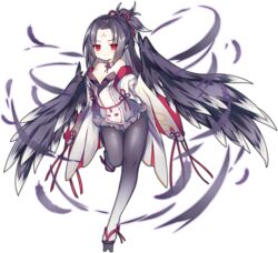  ao_jun ark_order black_feathers black_hair black_wings breasts detached_collar detached_sleeves dress facial_mark falling_feathers feathered_wings feathers female forehead_mark full_body geta gradient_legwear harpy karasu_tengu_(ark_order) long_hair long_sleeves looking_at_viewer medium_breasts monster_girl official_art one_side_up pantyhose red_eyes sidelocks solo tachi-e third-party_source transparent_background variant_set white_dress wide_sleeves winged_arms wings 