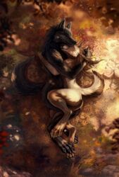  2016 4_toes anthro ass autumn belly black_belly black_body black_butt black_fur black_nose brown_belly brown_body brown_fur brown_hair canid canine canine_ears canine_teeth canis claws closed_eyes cuddling day detailed detailed_background digitigrade duo feet female fern forest fur grass hair hi_res kinaeris leaf leaves_on_ground long_hair lying male male/female mammal maple_leaf monotone_body monotone_butt monotone_fur monotone_tail moss multicolored_body multicolored_butt multicolored_fur multicolored_tail mythological_canine mythological_creature mythology nature nude on_side outside pawpads plant river rock romantic romantic_ambiance romantic_couple shadow_wolf shalinka small_tail smile tail tan_body tan_fur toe_claws toes tree were werecanid werecanine werewolf white_body white_fur wolf 