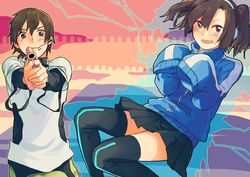  absurdres aiming aiming_at_viewer akabino black_hair blush commentary_request cosplay ene_(kagerou_project) ene_(kagerou_project)_(cosplay) enomoto_takane female gun headphones highres kagerou_project kokonose_haruka konoha_(kagerou_project) konoha_(kagerou_project)_(cosplay) long_hair oversized_clothes short_hair sleeves_past_fingers sleeves_past_wrists twintails weapon 