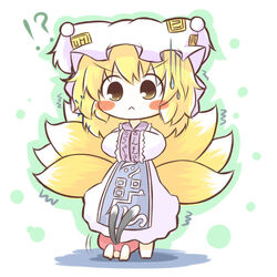  !? 2girls :&lt; animal_ears animal_hat bad_id bad_pixiv_id blush blush_stickers chen chibi dress fox_ears fox_tail hands_in_opposite_sleeves hat mob_cap multiple_girls multiple_tails nekomata short_hair south114 tabard tail tareme touhou white_dress wide_sleeves yakumo_ran yellow_eyes 