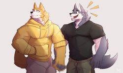  2020 anthro ash_(st4rsbucks) bottomwear canid canine canis censored clothed clothing dirt_(st4rsbucks) duo hand_holding hand_holding_(meme) hi_res hoodie humor makowolf1 male mammal mosaic_censorship muscular muscular_anthro muscular_male open_mouth open_smile pants shirt simple_background smile standing topwear white_background wolf 