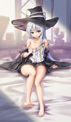  bare_legs bare_shoulders barefoot black_cloak black_skirt blue_eyes blush breasts cloak clothes_pull commentary_request elaina_(majo_no_tabitabi) feet female fii_fii_(feefeeowo) full_body grey_hair hat highres indoors leg_up legs long_hair looking_at_viewer majo_no_tabitabi miniskirt no_bra off_shoulder parted_lips pleated_skirt pulling_own_clothes shirt shirt_pull sitting skirt sleeveless sleeveless_shirt small_breasts solo thighs toes very_long_hair white_shirt witch witch_hat 