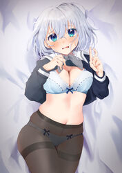  ant_m22 aqua_eyes bang_dream! bed_sheet black_shirt blue_bow blue_bra blue_panties bow bow_bra bow_panties bra breasts brown_pantyhose cleavage clothes_lift commentary_request cowboy_shot crossed_bangs embarrassed female frilled_bra frills grey_hair grey_neckerchief hair_between_eyes hands_up high-waist_pantyhose highres kurata_mashiro lace-trimmed_bra lace-trimmed_panties lace_trim long_sleeves looking_at_viewer lying medium_breasts medium_hair navel neckerchief no_pants on_back panties pantyhose parted_lips raised_eyebrows ribbon-trimmed_bra ribbon_trim sailor_collar school_uniform serafuku shirt shirt_lift solo stomach thighband_pantyhose tsukinomori_school_uniform underwear v wavy_mouth white_sailor_collar 