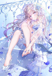  absurdres barefoot blue_dress blurry blurry_foreground blush bridal_veil broken_glass dress feet female flower full_body glass glass_slipper gradient_hair hair_flower hair_ornament head_tilt high_heels highres holding_own_foot legs long_hair looking_at_viewer multicolored_hair nail_polish original petals pink_hair purple_eyes purple_hair sakura_shiori see-through see-through_sleeves shoes single_shoe sitting solo stairs tiara toe_cleavage toenail_polish toenails toes veil wide_sleeves 