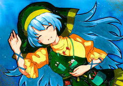  apron arm_ribbon arm_up bad_id bad_pixiv_id blue_background blue_hair chisel closed_eyes dress facing_viewer female green_apron green_headwear green_hood hand_on_own_stomach haniyasushin_keiki head_scarf jewelry magatama magatama_necklace necklace open_mouth puffy_short_sleeves puffy_sleeves qqqrinkappp ribbon short_sleeves solo tools touhou traditional_media wood_carving_tool yellow_dress 