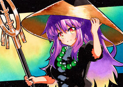  ajirogasa aqua_background bad_id bad_pixiv_id beads breasts female gradient_hair hand_on_headwear hat hijiri_byakuren jewelry long_hair looking_at_viewer medium_breasts multicolored_hair necklace open_mouth prayer_beads puffy_short_sleeves puffy_sleeves purple_hair qqqrinkappp short_sleeves solo staff touhou traditional_media two-tone_hair 