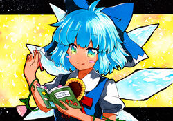  :3 :q bad_id bad_pixiv_id blue_bow blue_dress blue_eyes blue_hair blush_stickers book bookmark bow cirno collared_shirt commentary_request dress dress_shirt female flower gradient_eyes hairbow hands_up holding holding_book holding_pencil ice ice_wings letterboxed morning_glory multicolored_eyes neck_ribbon open_book outside_border painting_(medium) pencil pinafore_dress pink_flower plant puffy_short_sleeves puffy_sleeves qqqrinkappp raised_eyebrows red_ribbon ribbon shirt short_hair short_sleeves sleeveless sleeveless_dress solo square star_(symbol) sunflower tan tanned_cirno tongue tongue_out touhou traditional_media upper_body vines watercolor_(medium) white_shirt wing_collar wings yellow_eyes yellow_flower 