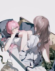  2girls bang_dream! bang_dream!_it&#039;s_mygo!!!!! black-framed_eyewear black_socks blue_eyes blush brown_hair chihaya_anon closed_mouth clothes_pull commentary couch facing_away from_above glasses green_necktie green_skirt grey_background grey_jacket grey_skirt hair_spread_out hand_on_own_thigh hands_on_another&#039;s_leg hands_up haneoka_school_uniform hashtag-only_commentary highres jacket jitome kneehighs knees_up leg_lock long_hair looking_at_another lying miniskirt multiple_girls nagasaki_soyo necktie no_shoes on_back on_couch partially_unbuttoned pillow pink_hair pleated_skirt qing_yan_xia sailor_collar school_uniform serafuku shirt short_sleeves simple_background sitting skirt skirt_pull socks sweatdrop tsukinomori_school_uniform unworn_jacket unworn_necktie wavy_hair white_sailor_collar white_shirt yuri 