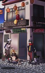  4girls alternate_costume animal animal_ears backpack bag balcony black_hair blonde_hair building common_raccoon_(kemono_friends) day extra_ears feline fennec_(kemono_friends) fox_ears fox_girl fox_tail hat highres kaban_(kemono_friends) kemono_friends lantern manhole_cover multiple_girls nanana_(nanana_iz) outdoors paper_lantern plant potted_plant raccoon_ears raccoon_girl raccoon_tail red_scarf scarf serval_(kemono_friends) short_hair squatting standing tail 