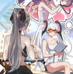  2girls book casual_one-piece_swimsuit drinking_straw drinking_straw_in_mouth floating floating_object glasses grey_hair hair_ornament holding holding_book lcaomei long_hair luna_(punishing:_gray_raven) multiple_girls nanami:_pulse_(punishing:_gray_raven) nanami_(punishing:_gray_raven) one-piece_swimsuit ponytail punishing:_gray_raven sitting swimsuit thought_bubble twintails very_long_hair white_one-piece_swimsuit 