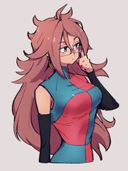  android_21 blue_eyes breasts checkered_clothes checkered_dress closed_mouth commentary_request dragon_ball dragon_ball_fighterz dress earrings female glasses grey_background hair_between_eyes hoop_earrings jewelry kemachiku long_hair looking_away medium_breasts red_hair simple_background solo upper_body 