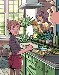  2boys :d alternate_costume apron bad_id bad_pixiv_id bag baguette bottle bread brown_eyes brown_hair brown_pants budew closed_mouth commentary_request cooking cutting_board food holding indoors knife leon_(pokemon) looking_to_the_side male_focus milcery multiple_boys open_mouth pants paper_bag plant pokemon pokemon_(creature) pokemon_swsh potted_plant purple_hair red_apron shirt short_hair sleeves_rolled_up smile standing stool sweater teeth tongue upper_teeth_only victor_(pokemon) waist_apron wooden_floor xichii 