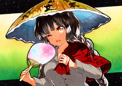  ajirogasa bad_id bad_pixiv_id black_hair blush braid breasts buttons capelet collarbone collared_shirt dress dress_shirt female gradient_background green_background grey_dress grey_shirt hand_fan hat holding holding_fan long_hair looking_at_viewer medium_breasts one_eye_closed open_mouth qqqrinkappp red_eyes ribbon shirt solo touhou traditional_media twin_braids upper_body yatadera_narumi 