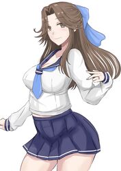  absurdres alternate_costume blue_necktie blue_ribbon blue_sailor_collar blue_skirt breasts brown_eyes brown_hair cleavage closed_mouth collarbone cowboy_shot female forehead hair_ribbon highres jewelry jintsuu_(kancolle) kantai_collection ken_(shutenndouji1) long_hair looking_at_viewer medium_breasts nail_polish necktie ribbon ring sailor_collar school_uniform serafuku shirt simple_background skirt smile solo wedding_ring white_background white_shirt 