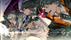  3boys ascot black_hair charles-henri_sanson_(fate) coat fate/grand_order fate_(series) fedora female gloves grey_hair hat highres katana long_hair multiple_boys oryou_(fate) saitou_hajime_(fate) sakamoto_ryouma_(fate) scarf seiya_ingen sword weapon white_gloves white_hair 