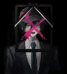  1boy :d black_background black_bow black_jacket blood bow brown_eyes collared_shirt commentary_request cross danganronpa_(series) danganronpa_v3:_killing_harmony hair_between_eyes iei iumi_urura jacket male_focus necktie official_alternate_costume open_mouth pink_blood saihara_shuichi shirt short_hair simple_background smile solo striped_necktie teeth upper_body upper_teeth_only 