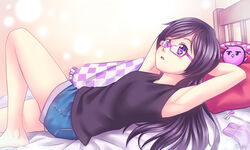  armpits arms_behind_head bare_arms bare_legs bare_shoulders barefoot black_hair black_tank_top breasts character_request cropped_legs denim denim_shorts female glasses hair_ornament hairclip head_on_hand head_on_pillow highres long_hair looking_away lying on_back on_bed original purple-framed_eyewear purple_eyes semi-rimless_eyewear senpaihawkkun shorts signature solo tank_top under-rim_eyewear unworn_hair_ornament unworn_hairclip 