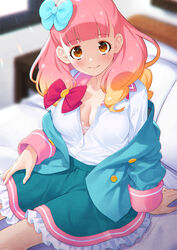  aikatsu!_(series) aikatsu_friends! aqua_bow bed blonde_hair blunt_bangs blush bow bra breasts cleavage closed_mouth commentary female gradient_hair green_jacket green_skirt hairbow highres jacket kazuma_muramasa long_sleeves medium_breasts multicolored_hair on_bed orange_eyes pillow pink_hair red_bow shirt sitting skirt smile solo thighs underwear white_bra white_shirt yuki_aine 