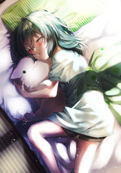  alternate_costume bad_id bad_pixiv_id black_shorts blanket feline female green_hair highres hug kantai_collection kiso_(kancolle) lying on_side open_mouth pillow shirt short_shorts short_sleeves shorts sleeping solo white_shirt yuihira_asu 