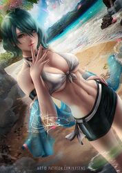  alexandra_mae armlet artist_name banned_artist beach bikini breasts cleavage dead_or_alive dead_or_alive_6 dead_or_alive_xtreme female front-tie_bikini front-tie_top green_eyes green_hair highres looking_at_viewer miniskirt multicolored_hair navel skirt streaked_hair swimsuit tamaki_(doa) upper_body 