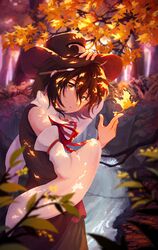  1other androgynous arm_up autumn autumn_leaves bad_id bad_twitter_id bare_shoulders black_hair black_vest bow bowtie brown_eyes closed_mouth collared_vest dappled_sunlight detached_sleeves enraku_tsubakura falling_leaves hand_on_headwear hand_up hat hat_tug highres hotaru_kago large_hat leaf len&#039;en looking_at_viewer nature object_behind_ear other_focus outdoors paintbrush red_bow red_bowtie red_ribbon ribbon shirt short_hair sunlight top_hat tossing tree vest water waterfall white_shirt wide_sleeves 