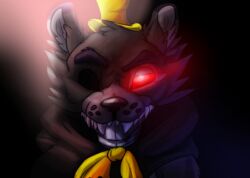  1_eye 2020 animatronic anthro bear black_background black_ears black_nose bow_tie bust_portrait cloak close-up clothed clothing exposed_endoskeleton fangs five_nights_at_freddy&#039;s five_nights_at_freddy&#039;s_4 glowing glowing_eyes hat headgear headwear hi_res hood hoodie light looking_at_viewer machine male mammal metal metallic metallic_body nightmare_(fnaf) one_eye_half-closed pink_background portrait red_eyes red_sclera robot scottgames sharp_teeth simple_background smile solo teeth top_hat topwear white_ears writtenstars87 