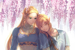  1boy bad_id bad_twitter_id blue_shirt blue_tunic braid breasts champion&#039;s_tunic_(zelda) closed_eyes couple earrings eorinamo female flower green_eyes grey_shirt hair_between_eyes hair_ornament hairclip high_collar highres jewelry leaning_on_person link long_hair long_sleeves low_ponytail medium_breasts medium_hair parted_bangs pink_flower pointy_ears princess_zelda shirt sidelocks sleeping straight the_legend_of_zelda the_legend_of_zelda:_breath_of_the_wild twitter_username unworn_hair_ornament unworn_hairclip upper_body 