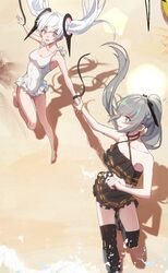  2girls bad_feet beach bracelet casual_one-piece_swimsuit floating floating_object grey_eyes grey_hair hair_ornament highres holding_hands jewelry lcaomei long_hair luna_(punishing:_gray_raven) mechanical_legs multiple_girls nanami:_pulse_(punishing:_gray_raven) nanami_(punishing:_gray_raven) one-piece_swimsuit orange_eyes ponytail punishing:_gray_raven sand swimsuit twintails white_hair white_one-piece_swimsuit 