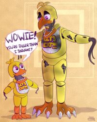  2021 4:5 abstract_background absurd_res adventure_withered_chica_(fnaf) animatronic anthro avian barefoot beak bib big_beak big_claws big_teeth bird blonde_hair buckteeth chicken claws confusion dialogue duo english_text exclamation_point exposed_endoskeleton eyelashes featureless_crotch feet female five_nights_at_freddy&#039;s five_nights_at_freddy&#039;s_2 five_nights_at_freddy&#039;s_world galliform gallus_(genus) hair handless happy hi_res looking_down looking_up machine metal metallic metallic_body one_eye_half-closed open_mouth orange_beak pazzarts phasianid pink_eyes robot scottgames shadow short_hair simple_background size_difference smile speech_bubble standing t-pose tan_background teeth text toe_claws toony torn_body twinkattstudios wire withered_chica_(fnaf) yellow_body 