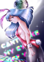  animal_ears backless_leotard blue_hair disco_ball dutch_angle english_text female highres leotard long_hair looking_to_the_side neko_mari original pantyhose playboy_bunny rabbit_ears rabbit_tail solo tail wrist_cuffs 