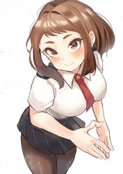  blush boku_no_hero_academia breasts brown_eyes brown_hair closed_eyes commentary female large_breasts necktie pantyhose pleated_skirt school_uniform short_hair short_sleeves sidelocks simple_background skirt solo u.a._school_uniform uraraka_ochako zd_(pixiv6210083) 