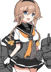  bad_id bad_twitter_id black_skirt blue_eyes braid breasts cowboy_shot female highres kantai_collection long_hair looking_at_viewer medium_breasts neckerchief open_mouth orange_hair orange_neckerchief ribbon sayuwan school_uniform serafuku simple_background skirt smile solo teruzuki_(kancolle) twin_braids white_background 