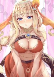  blonde_hair blue_eyes blush breasts cleavage commentary dancer detached_sleeves elf female hair_ornament i_tamima large_breasts long_hair looking_at_viewer official_alternate_costume open_mouth pointy_ears princess_connect! saren_(princess_connect!) saren_(sarasaria)_(princess_connect!) sidelocks solo stomach veil 